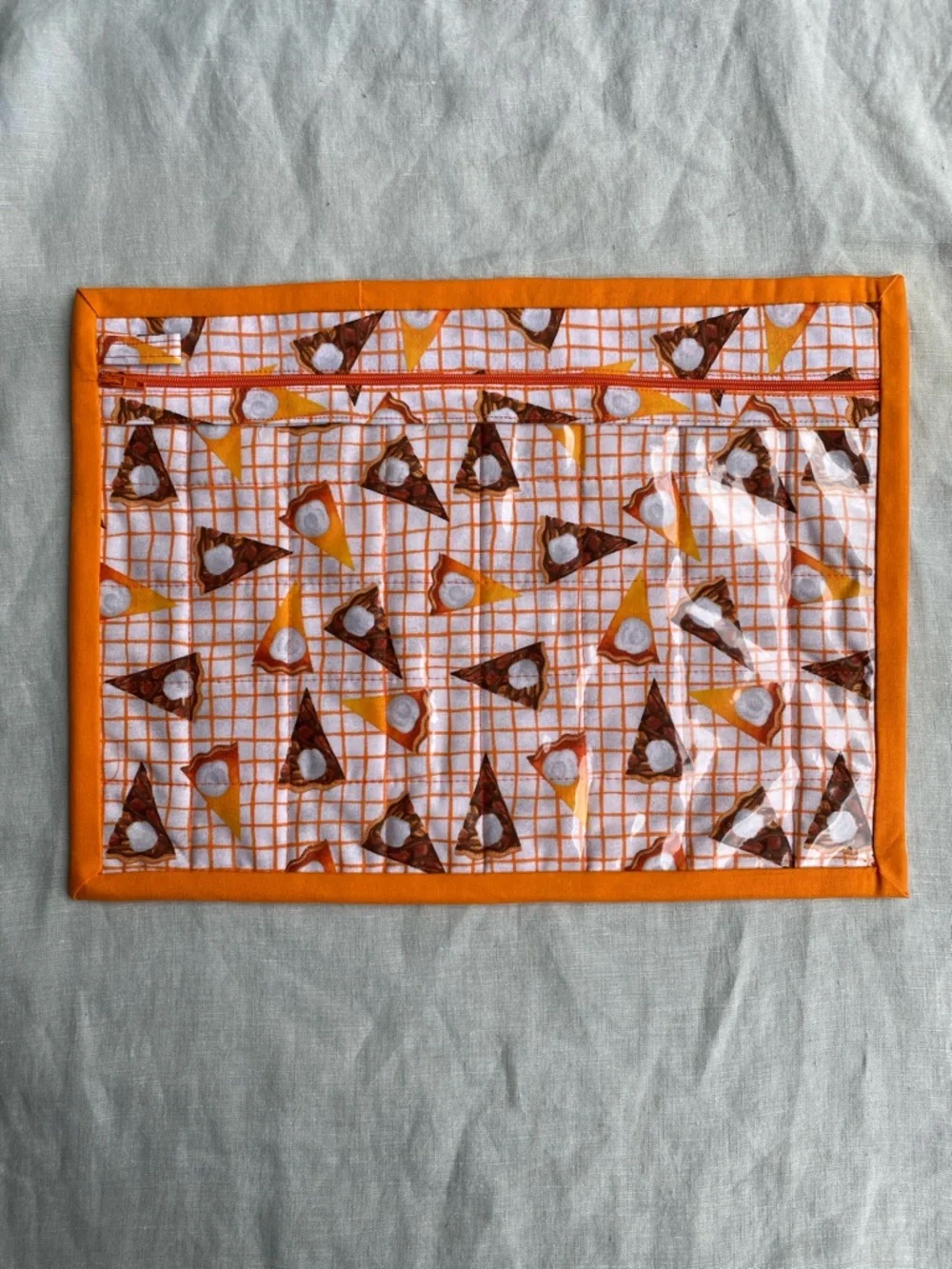 14” x 10.5” Pecan Sweet Potato Pie fabric cross stitch vinyl front project bag